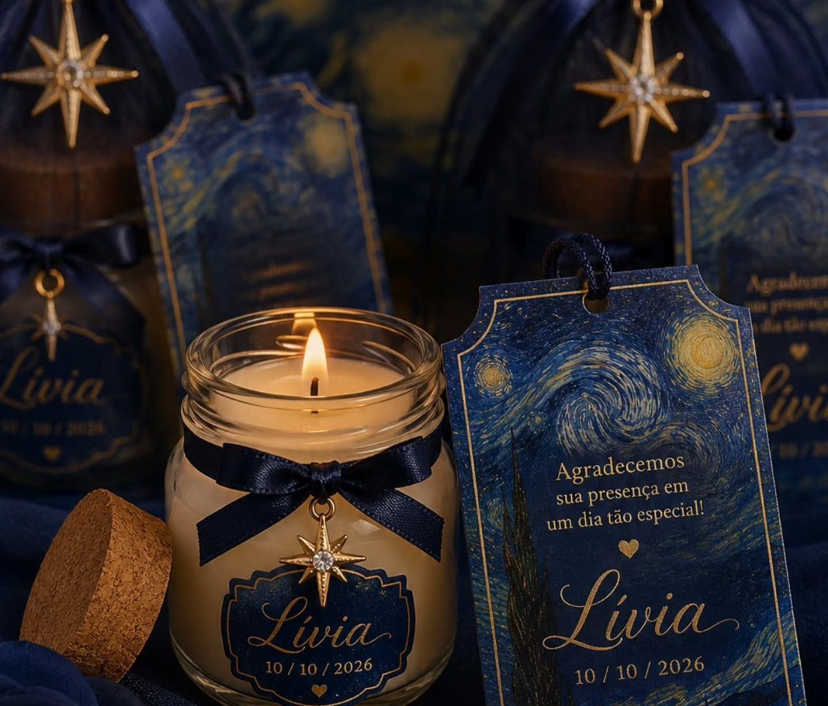 Lit candle favor with navy ribbon, gold star, and starry night themed tag.