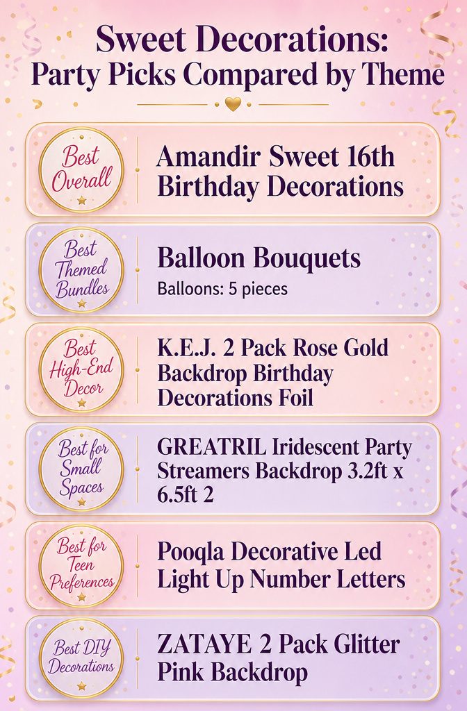 An infographic comparing different sweet 16 decoration products by theme.