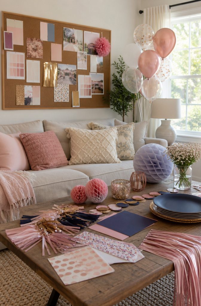 A cozy living room decorated with colorful sweet 16 party items.