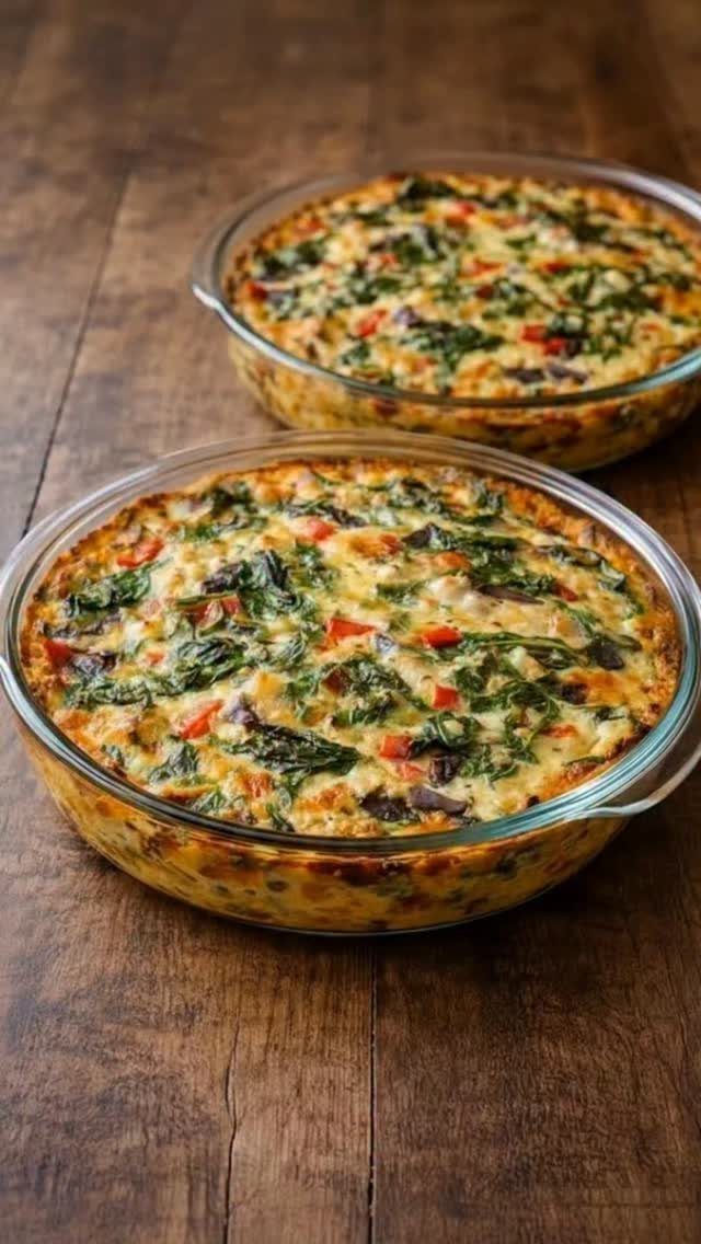 Two baked egg casseroles with spinach and red peppers in glass baking dishes.