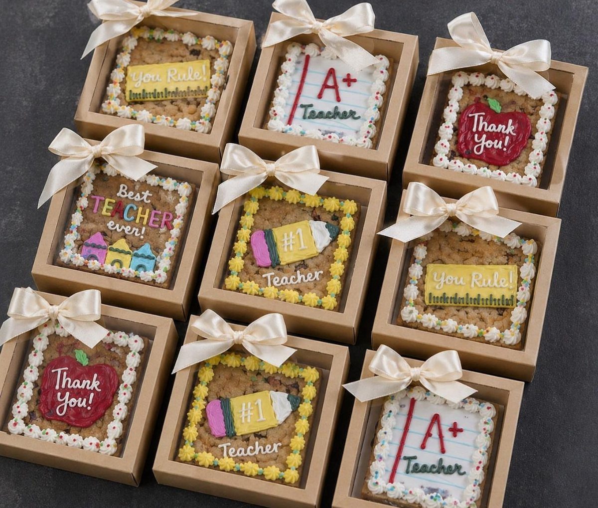 Nine school-themed cookie cakes in gift boxes with ribbons and frosting decorations.