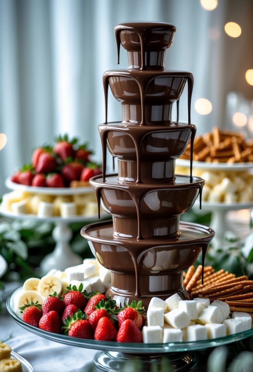 Chocolate fountain surrounded by fresh strawberries, banana slices, and white marshmallows.