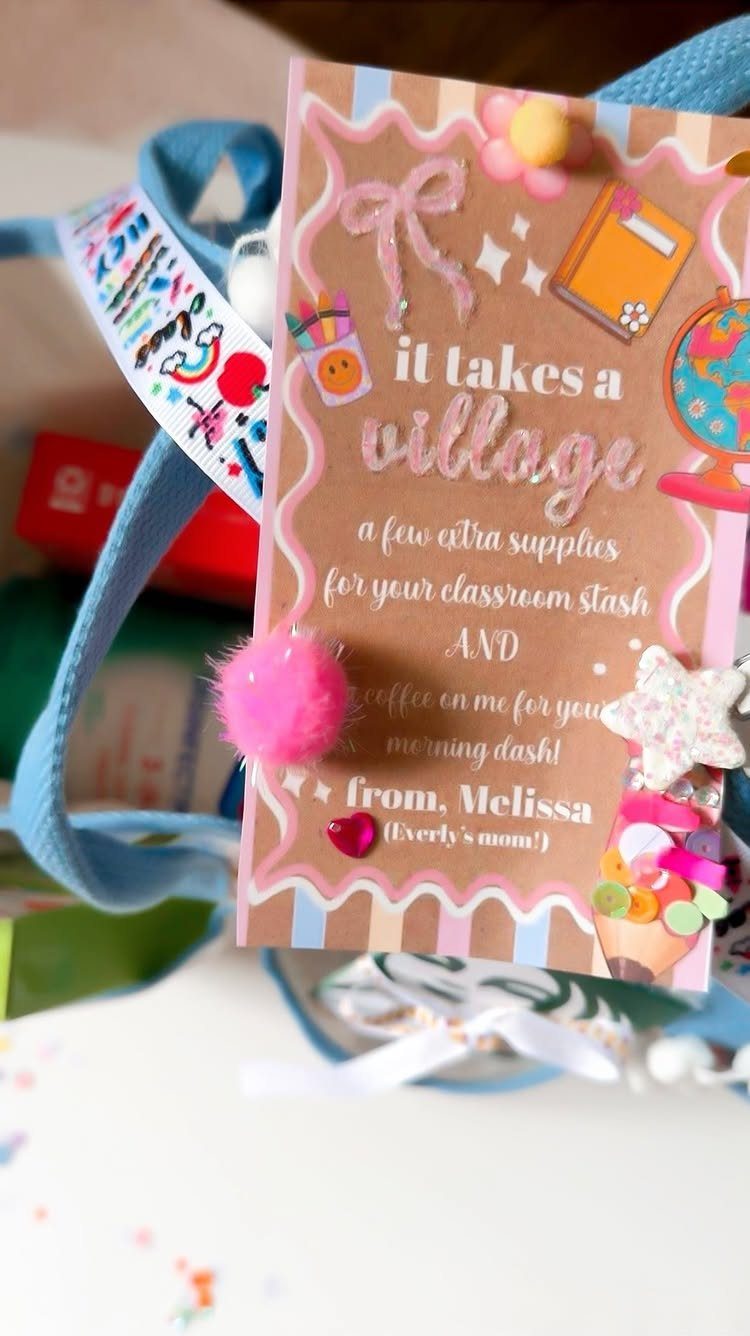 Decorative thank you card attached to a blue bag filled with classroom supplies.