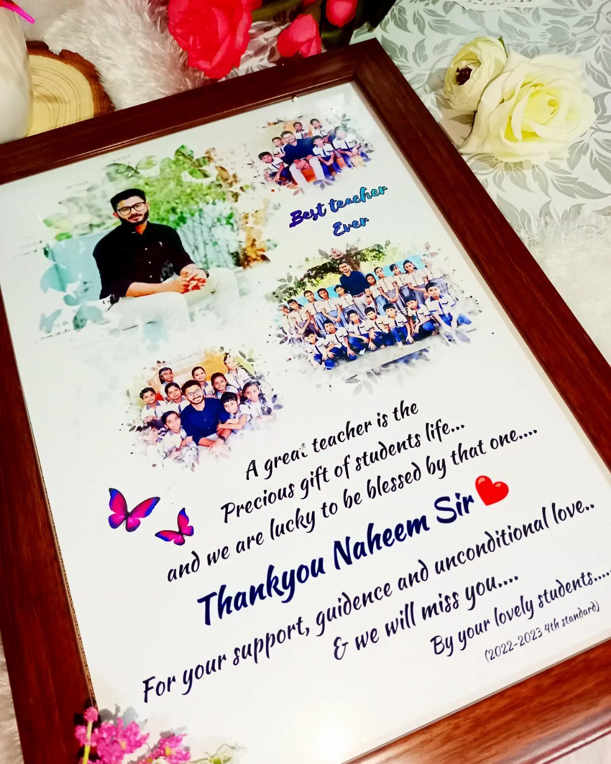 Framed photo collage of a teacher and students with a thank you message.