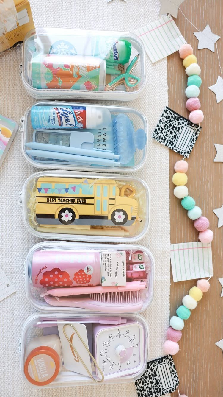 Five clear pouches filled with colorful toiletries and school-themed gifts for teachers.