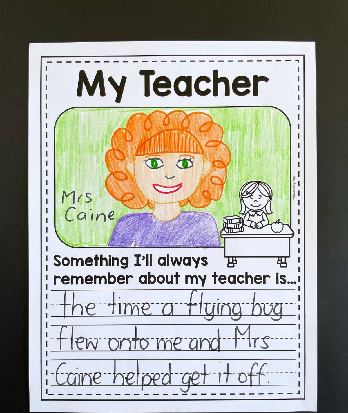 Child's drawing of Mrs. Caine with a handwritten memory on a worksheet.