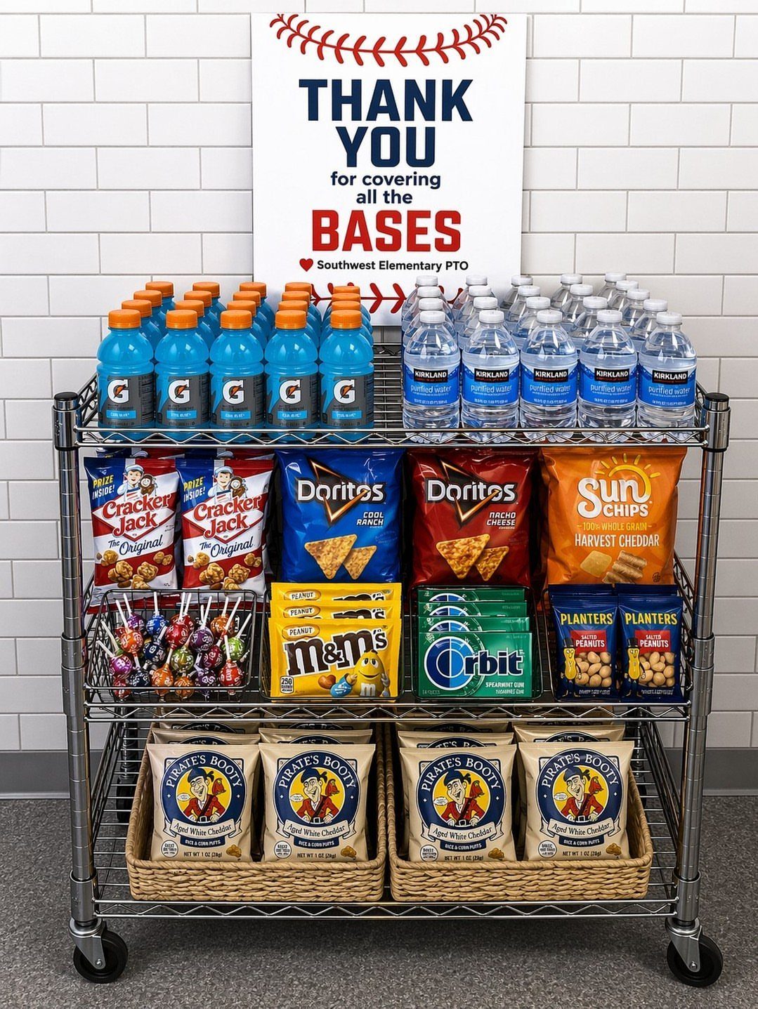 Snack cart with drinks and treats and a thank you sign for teachers.