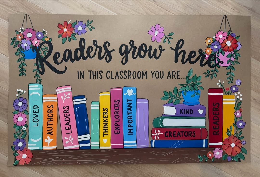 Brown paper classroom banner with colorful illustrated books and floral decorations.