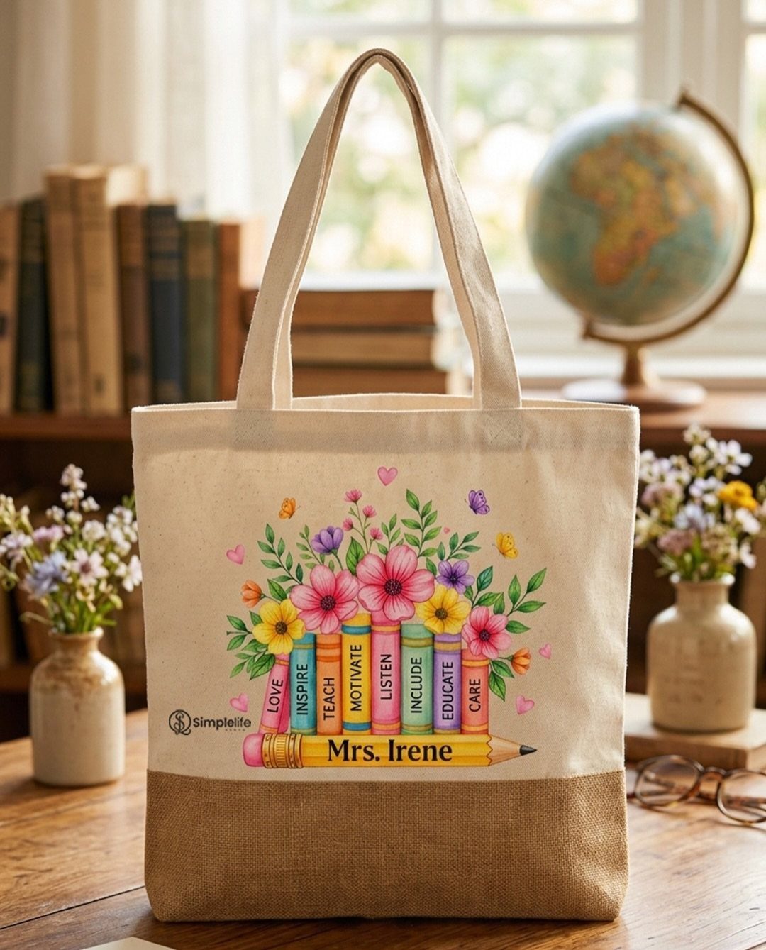 Personalized tote bag for a teacher with floral and book illustrations on a desk