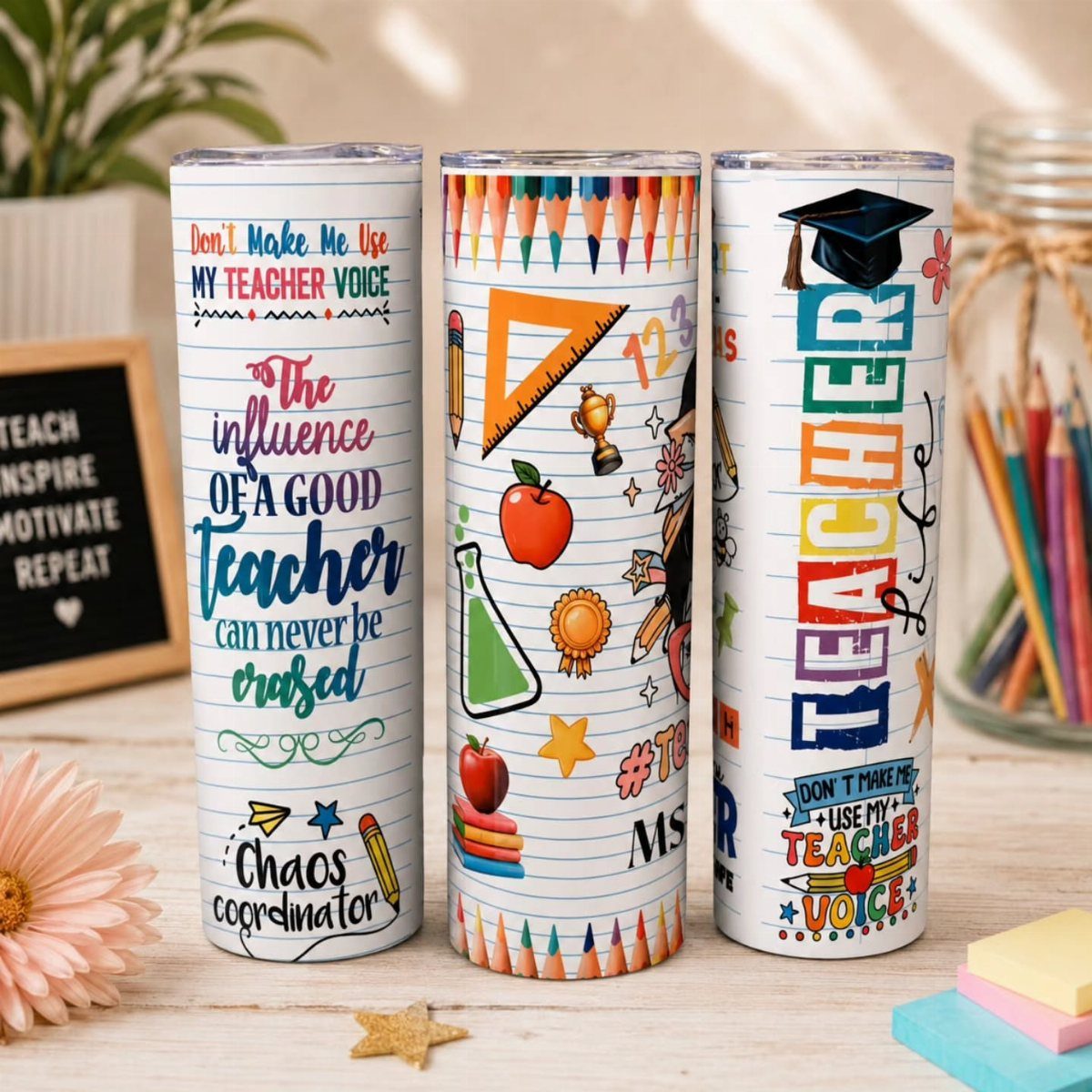 Three teacher-themed tumblers with colorful school graphics on a wooden desk.