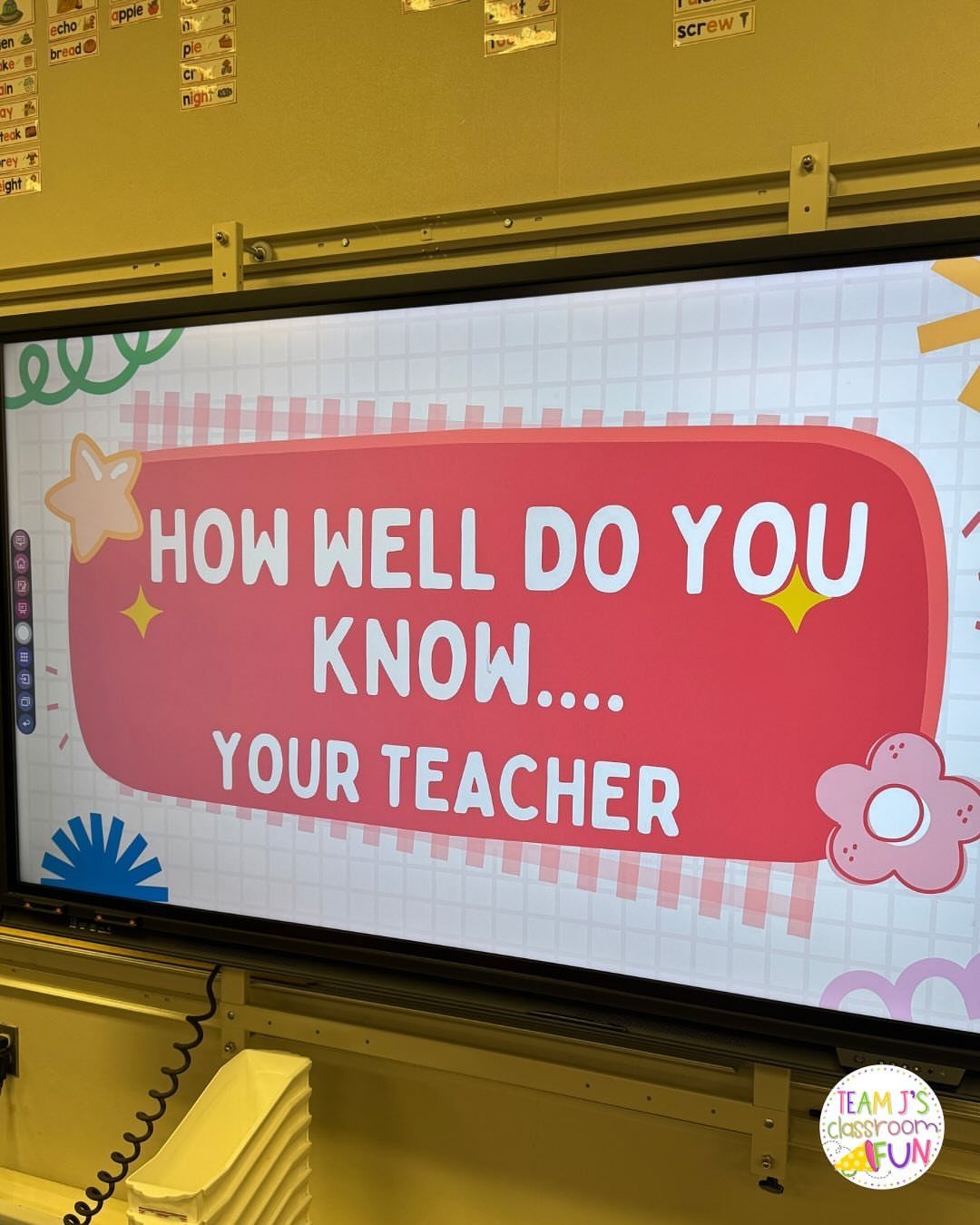Digital classroom screen displaying a 'How well do you know your teacher' activity.