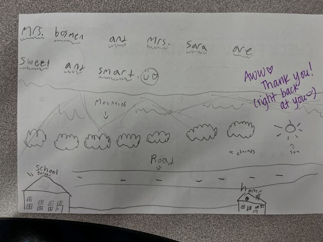 Child's drawing with handwritten notes of appreciation for teachers on white paper.