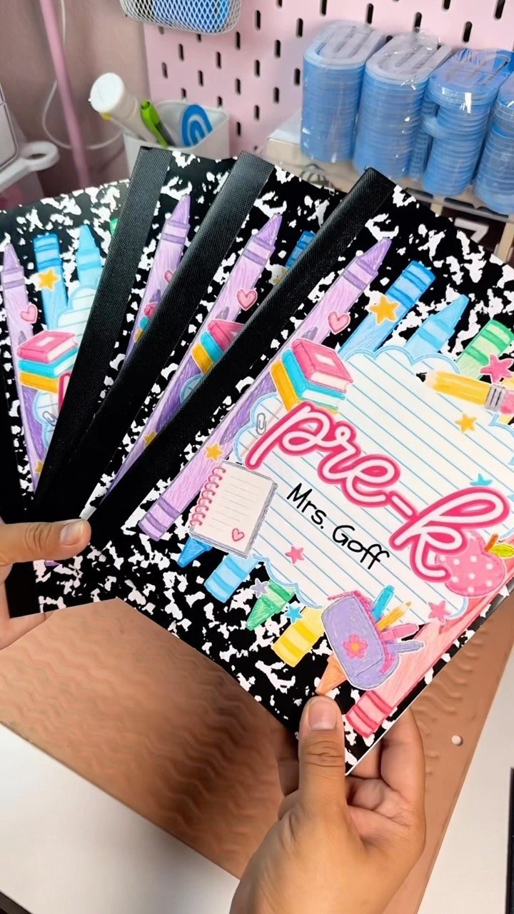 Personalized pre-K notebooks for Mrs. Goff with cow print and school supply illustrations.