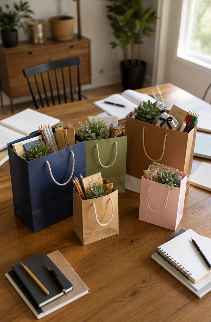A well-organized dining table with various teacher gift bags displayed