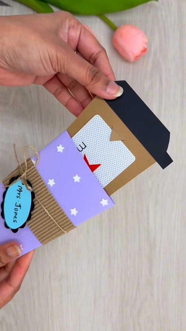 Handmade coffee cup gift card holder with a personalized tag for Mrs. Jones.