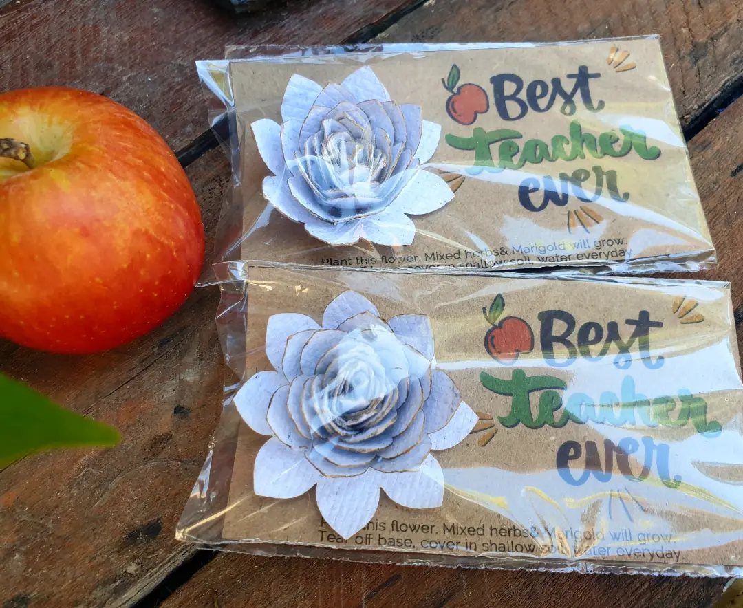 Seed paper flower kits for teachers next to a red apple on wood.