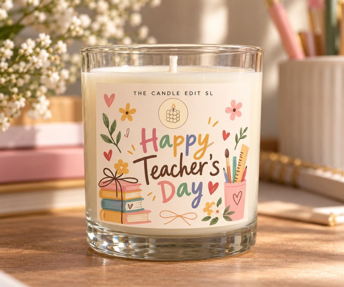 White scented candle in a glass jar with a Happy Teacher's Day label.
