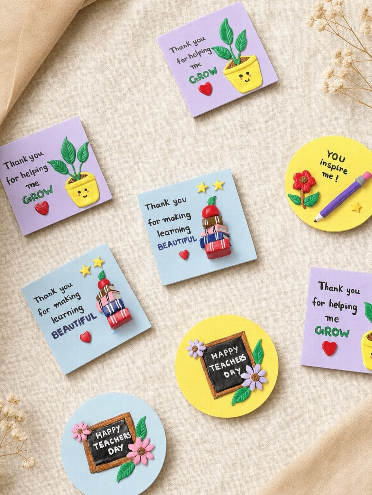 Colorful teacher gift tags with 3D clay decorations and handwritten thank you messages.