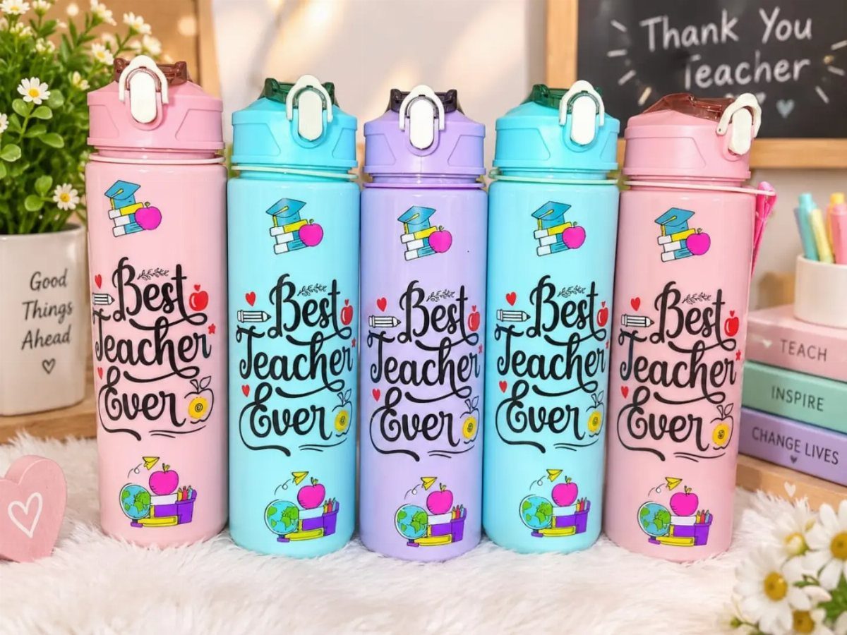 Five colorful water bottles with Best Teacher Ever text and school graphics.